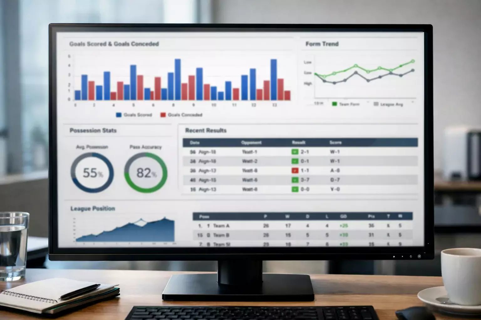 Computer con grafici e statistiche di squadre di calcio