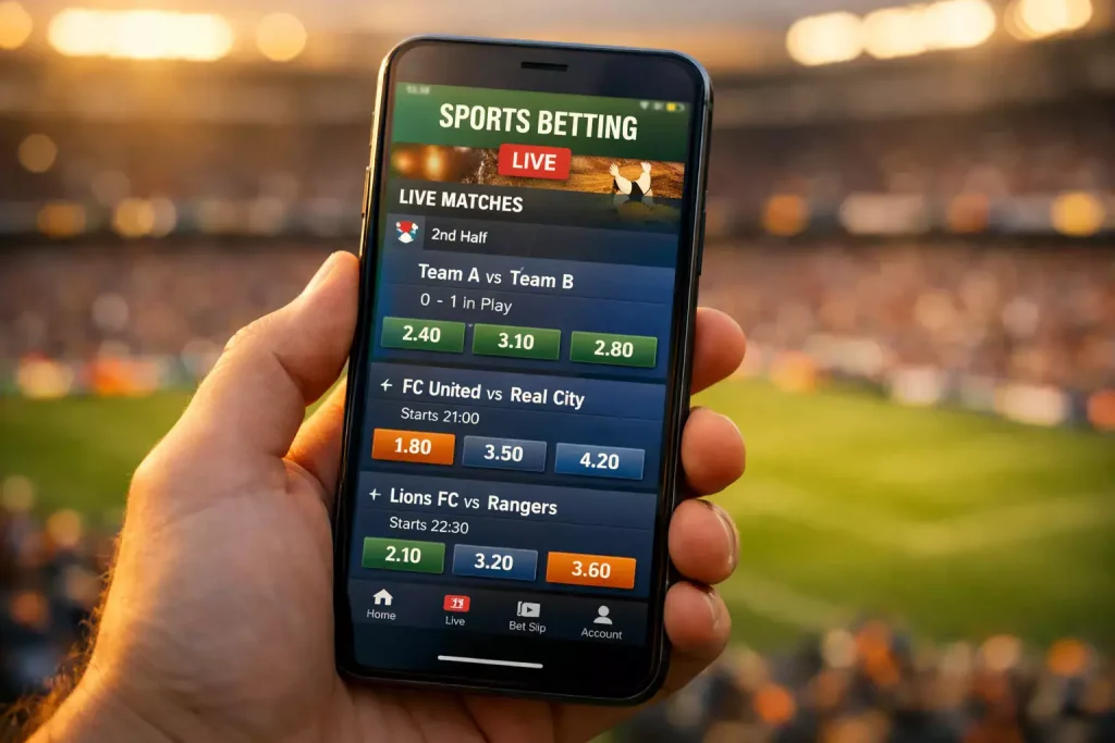 Smartphone con app scommesse calcio su sfondo stadio