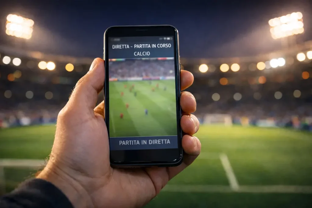 Mano che tiene uno smartphone con una partita di calcio sullo sfondo di uno stadio illuminato