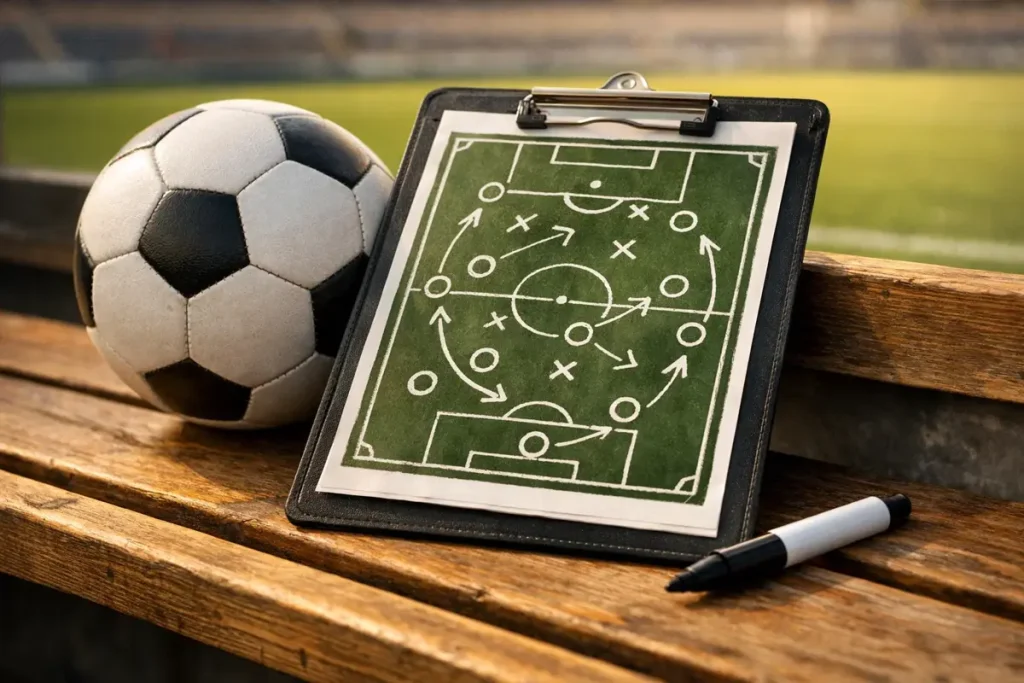 Primo piano di una lavagna tattica da calcio con schema di gioco disegnato e un pallone sul tavolo
