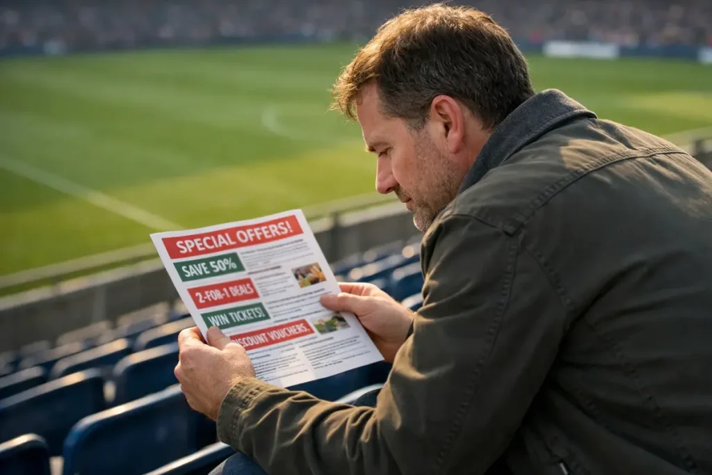 Tifoso seduto in tribuna consulta un documento con offerte promozionali per le scommesse sul calcio