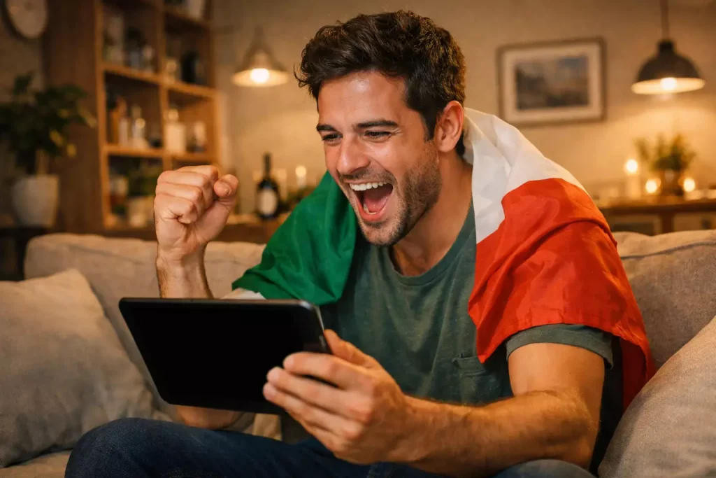 Giovane tifoso italiano esulta guardando partita su tablet