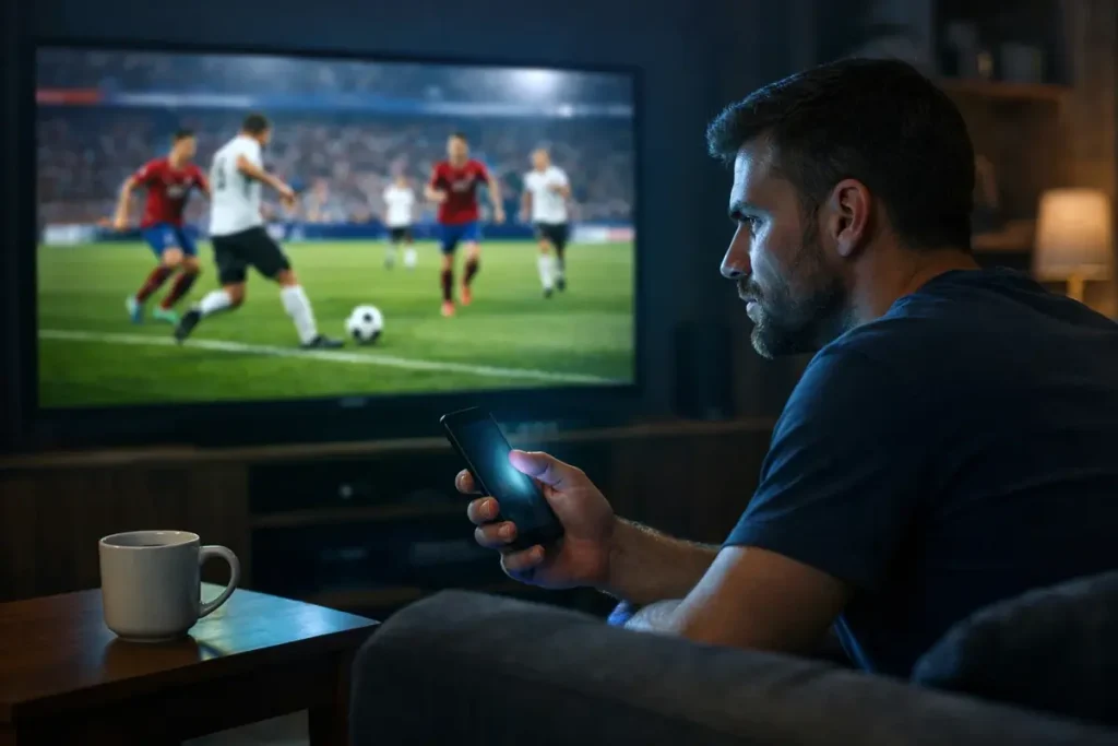 Scommettitore che segue una partita di calcio in diretta