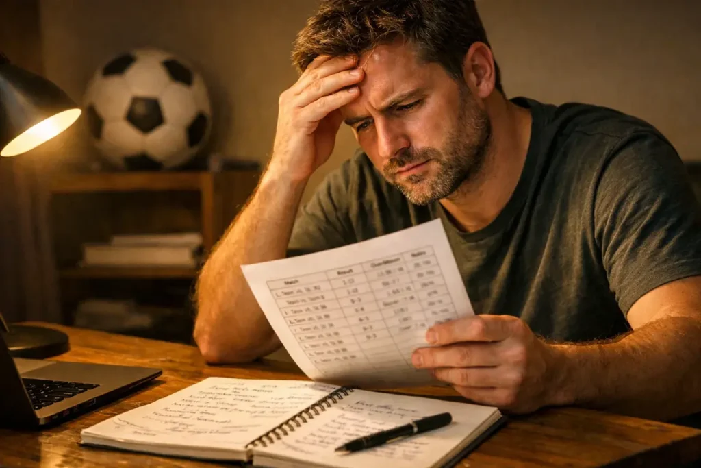 Uomo concentrato analizza appunti sulle scommesse sportive alla scrivania