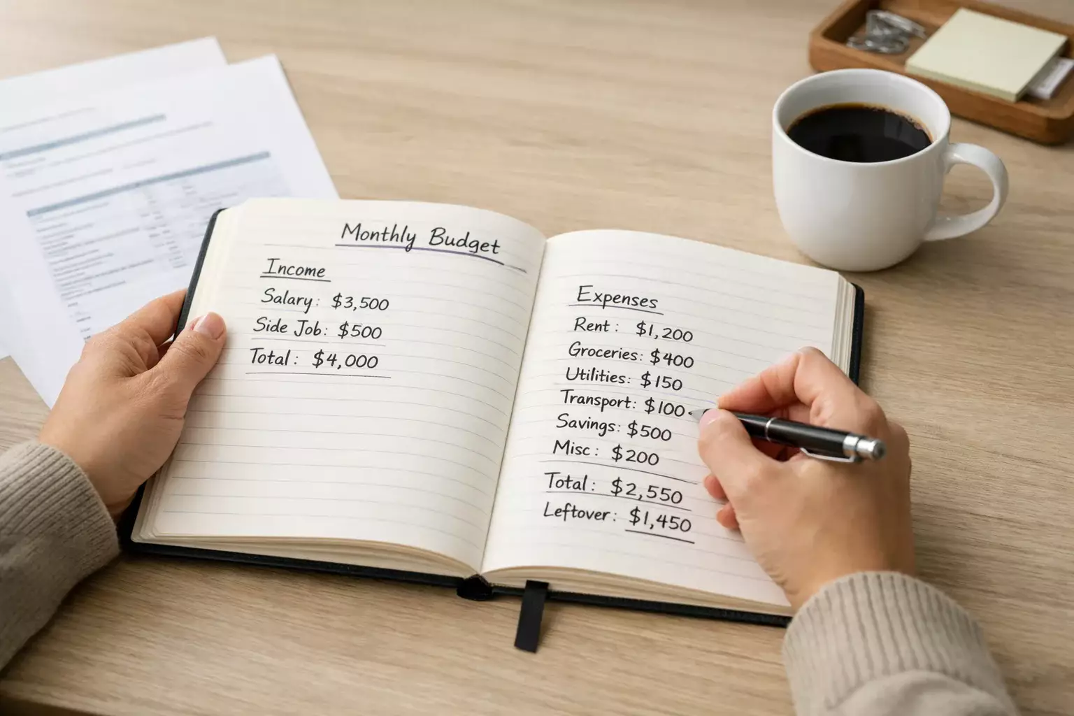 Persona che pianifica budget con agenda e penna