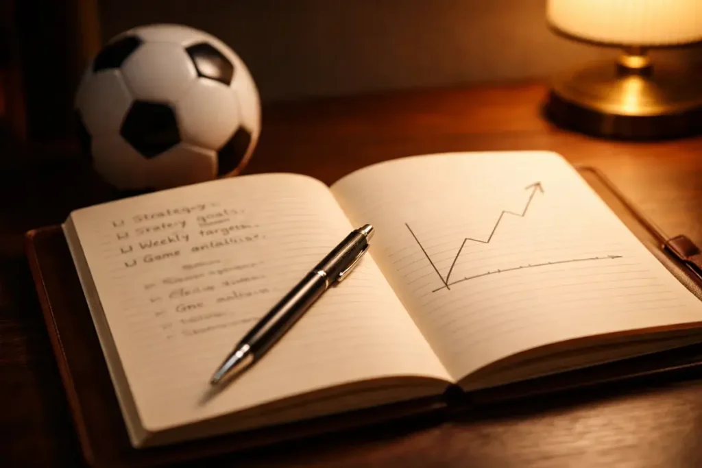 Quaderno aperto con appunti e penna su una scrivania in legno accanto a un campo da calcio sfocato sullo sfondo