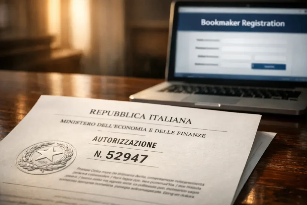 Documento ufficiale di licenza per scommesse sportive online in Italia