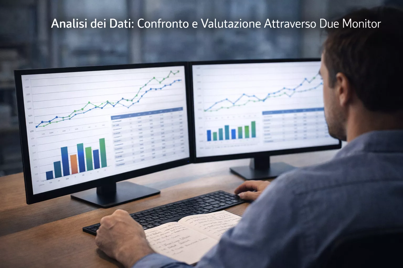 Professionista che confronta dati su due schermi di computer