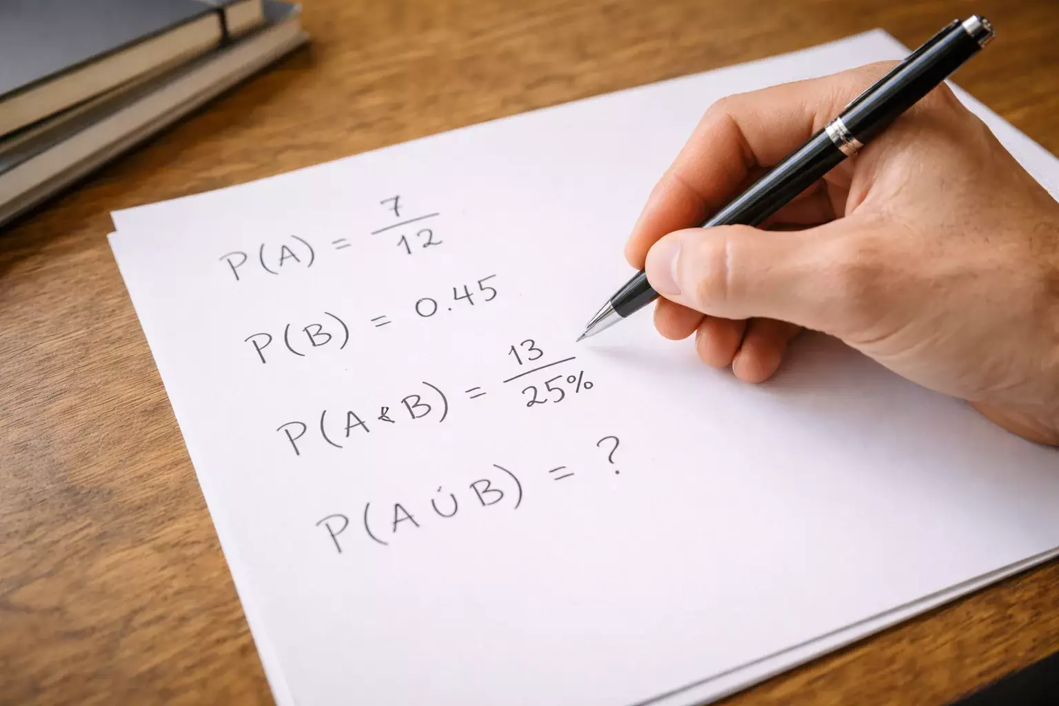 Mano che scrive formule di probabilità su foglio di carta