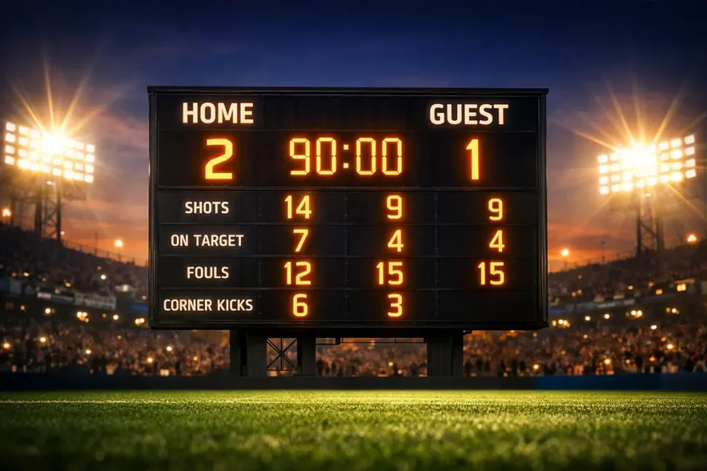 Tabellone luminoso di uno stadio di calcio con quote e risultati in tempo reale
