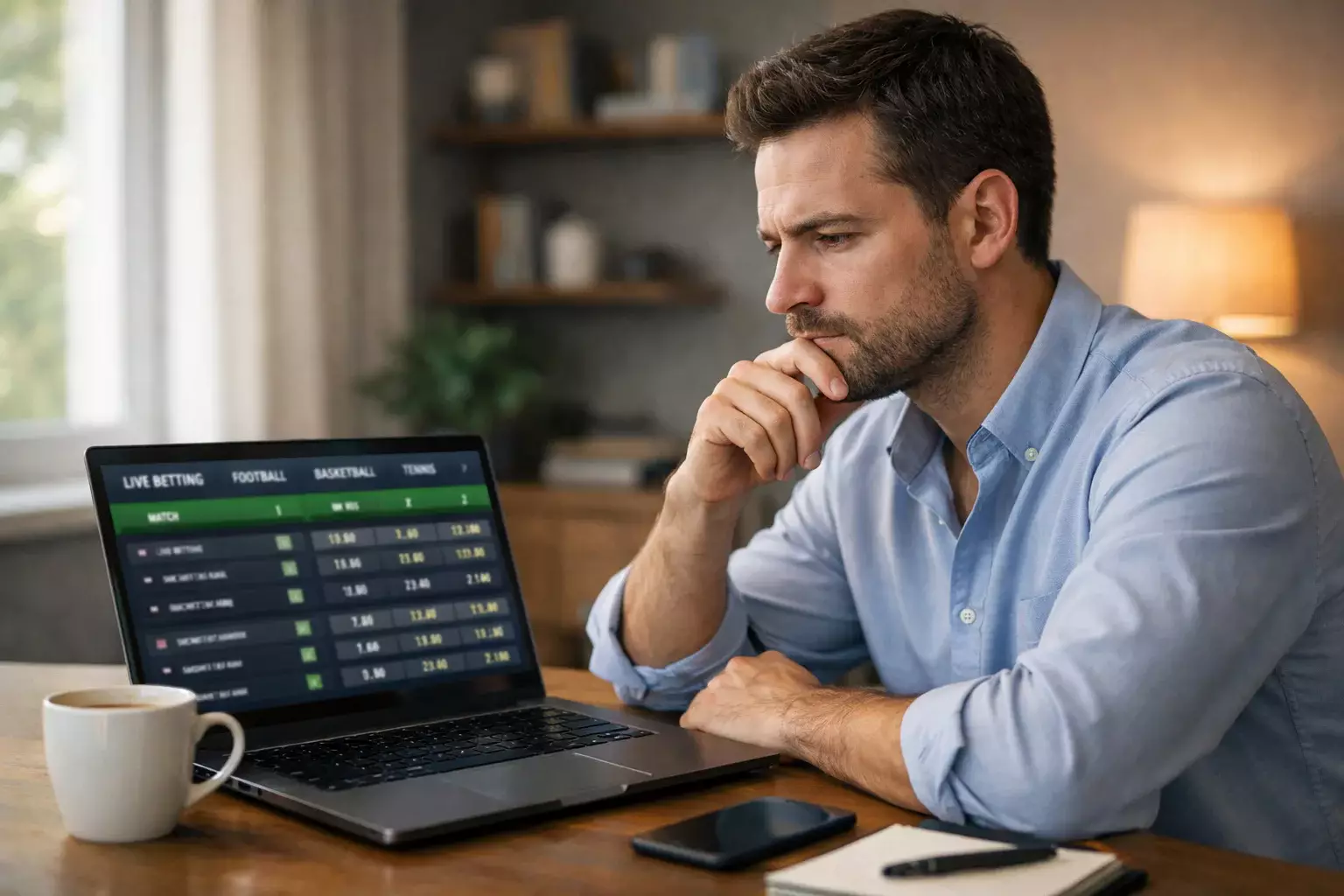 Uomo che analizza quote calcio su laptop in ufficio