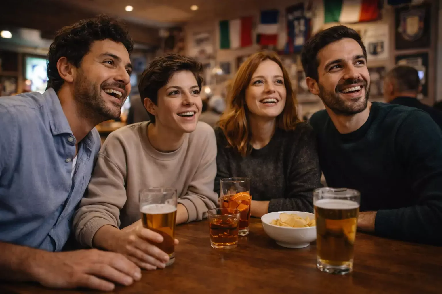 Gruppo di amici che guardano partita di calcio al bar