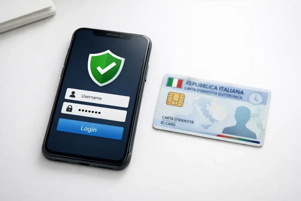Smartphone con app di identità digitale appoggiato accanto a una carta d'identità elettronica italiana