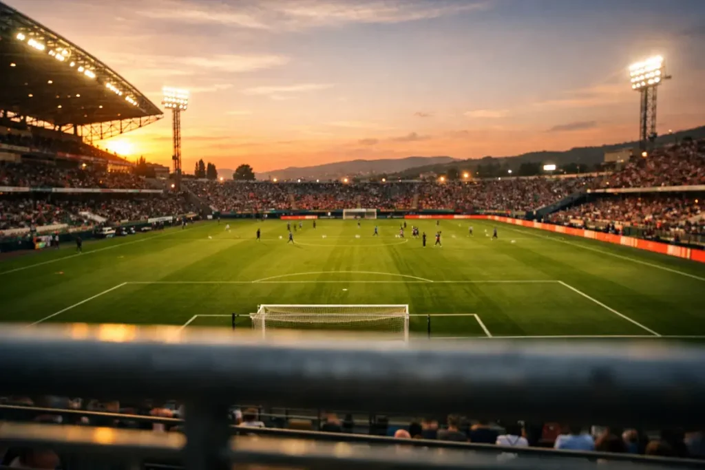 Stadio di calcio italiano illuminato prima di una partita di Serie A