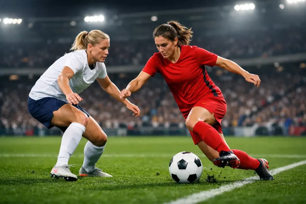 Calciatrici in azione durante una partita di calcio femminile su campo in erba