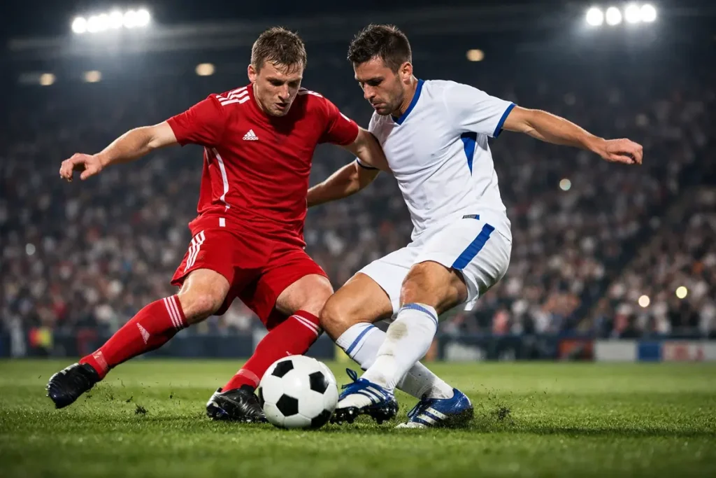 Azione di gioco su un campo di calcio in erba naturale illuminato dai riflettori durante una partita serale