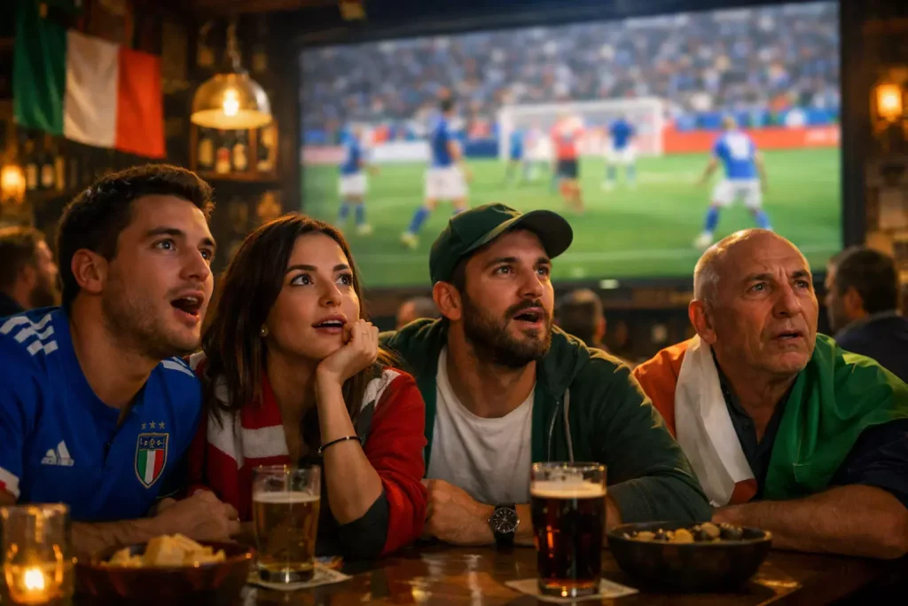 Tifosi che guardano partita di calcio in diretta su grande schermo