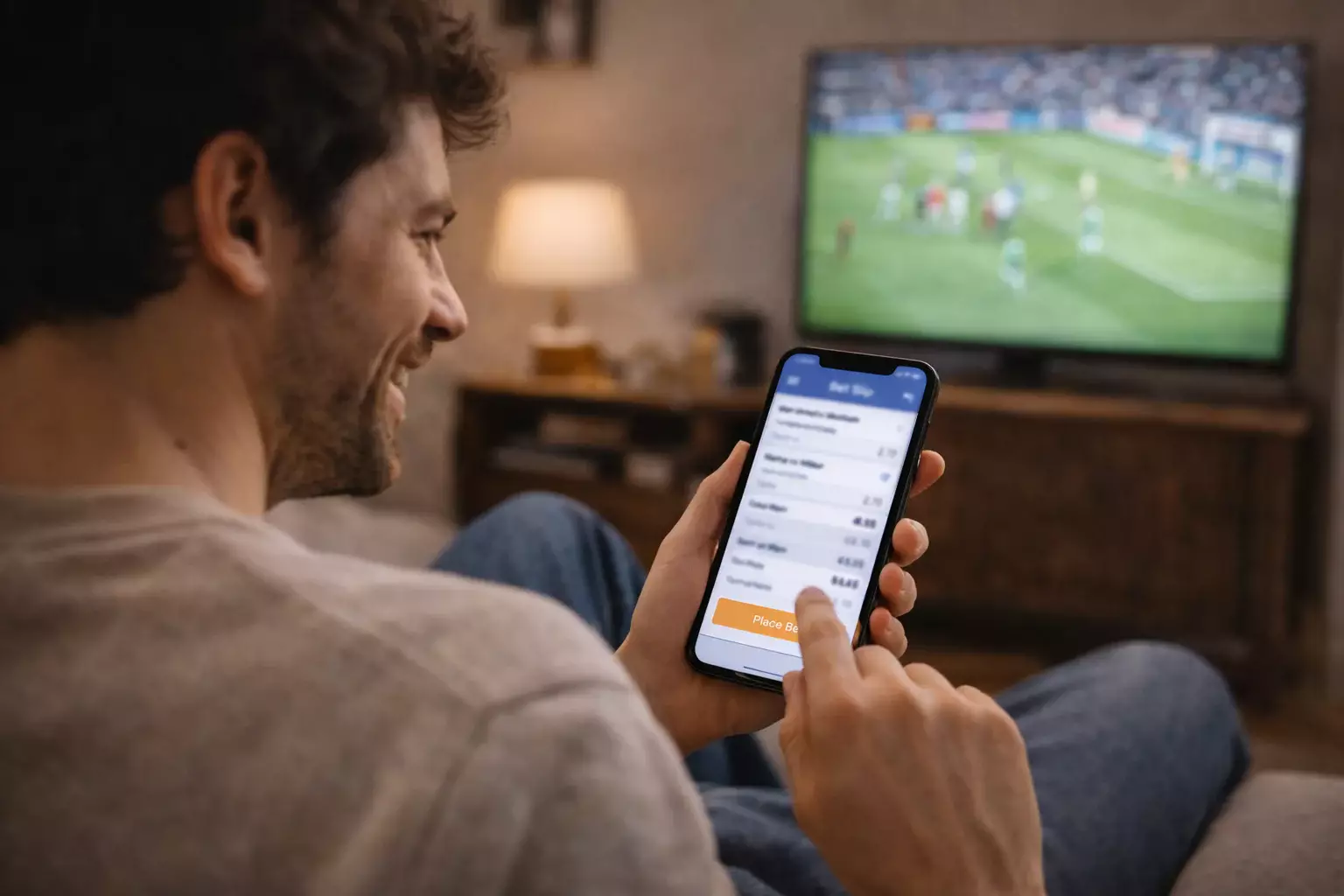 Tifoso che scommette da smartphone mentre guarda partita