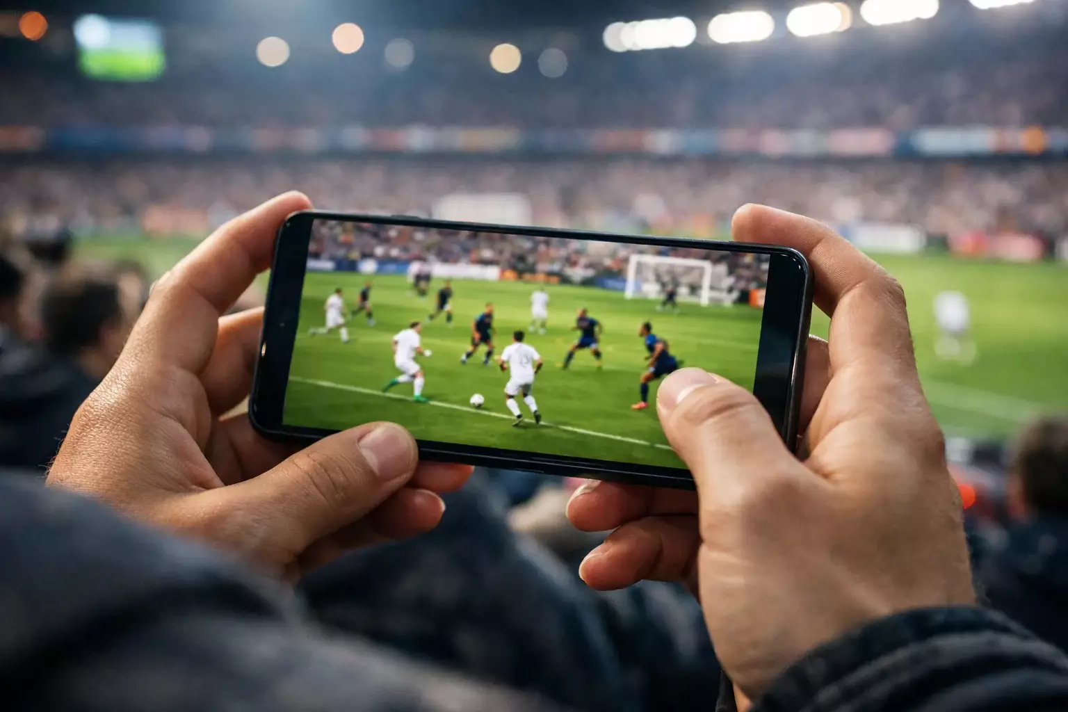 Persona che guarda una partita di calcio su smartphone in uno stadio