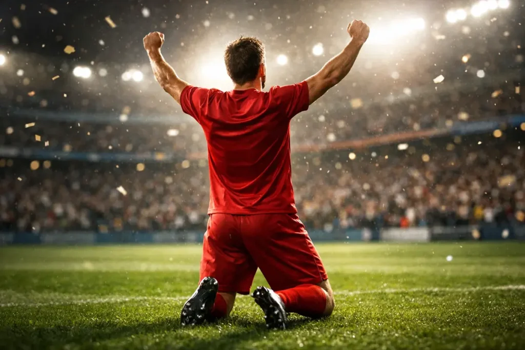 Attaccante di calcio che esulta dopo un gol sotto i riflettori dello stadio durante una partita serale