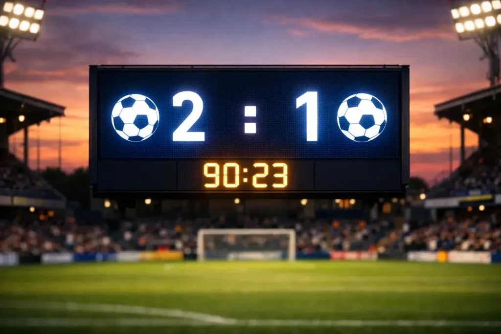 Tabellone segnapunti di uno stadio di calcio con il campo verde sullo sfondo al tramonto