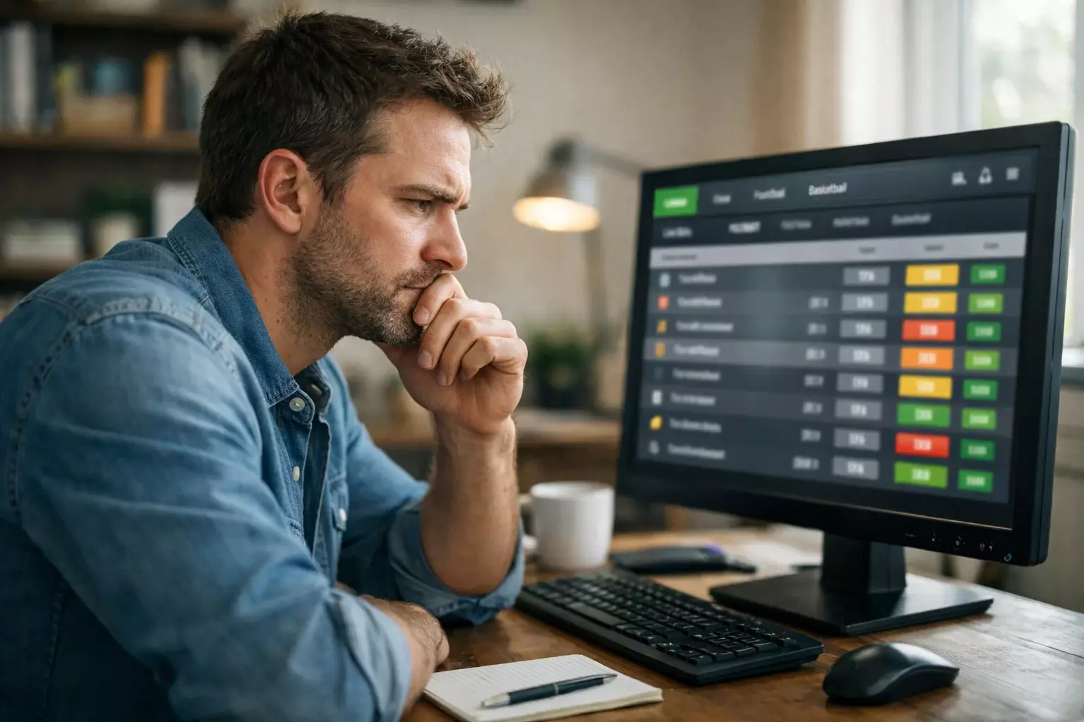 Uomo che riflette davanti a schermo con opzioni scommesse