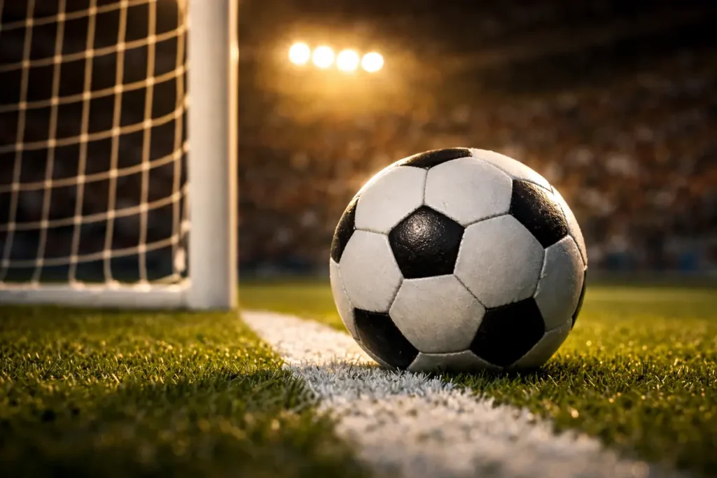 Pallone da calcio vicino alla rete di una porta su campo in erba illuminato dai riflettori dello stadio