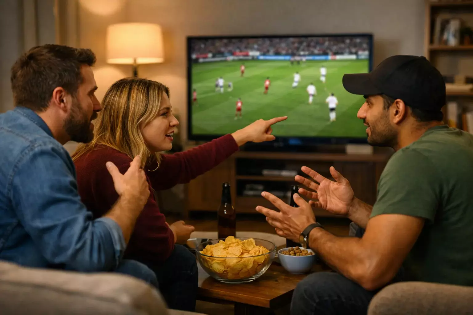 Gruppo di amici che guardano partita commentando le azioni