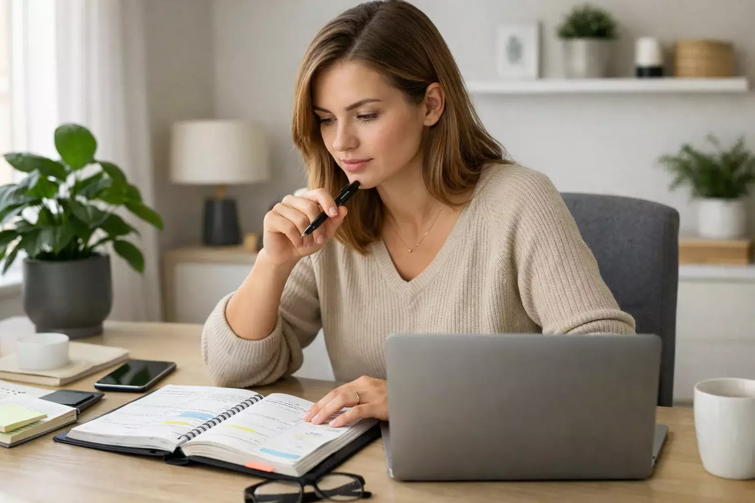 Donna che pianifica scommesse con agenda e laptop