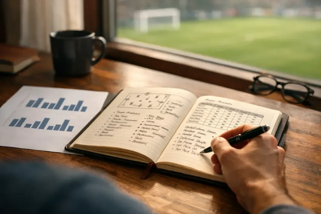 Persona concentrata analizza appunti e statistiche di calcio su un quaderno accanto a un campo da gioco