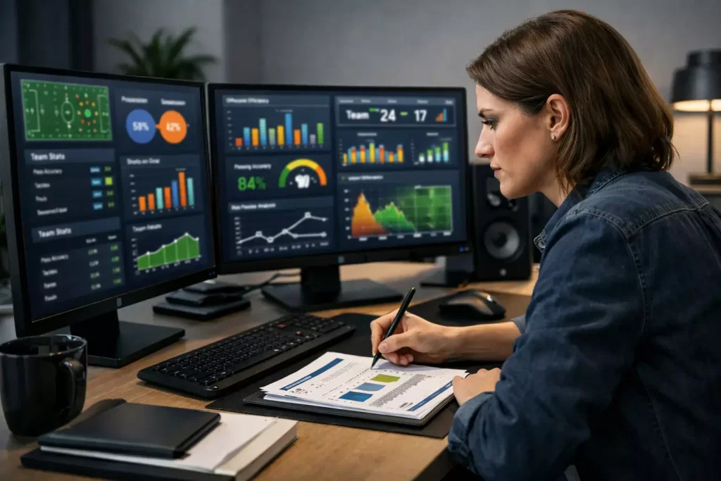 Analista sportivo che studia statistiche calcio su monitor