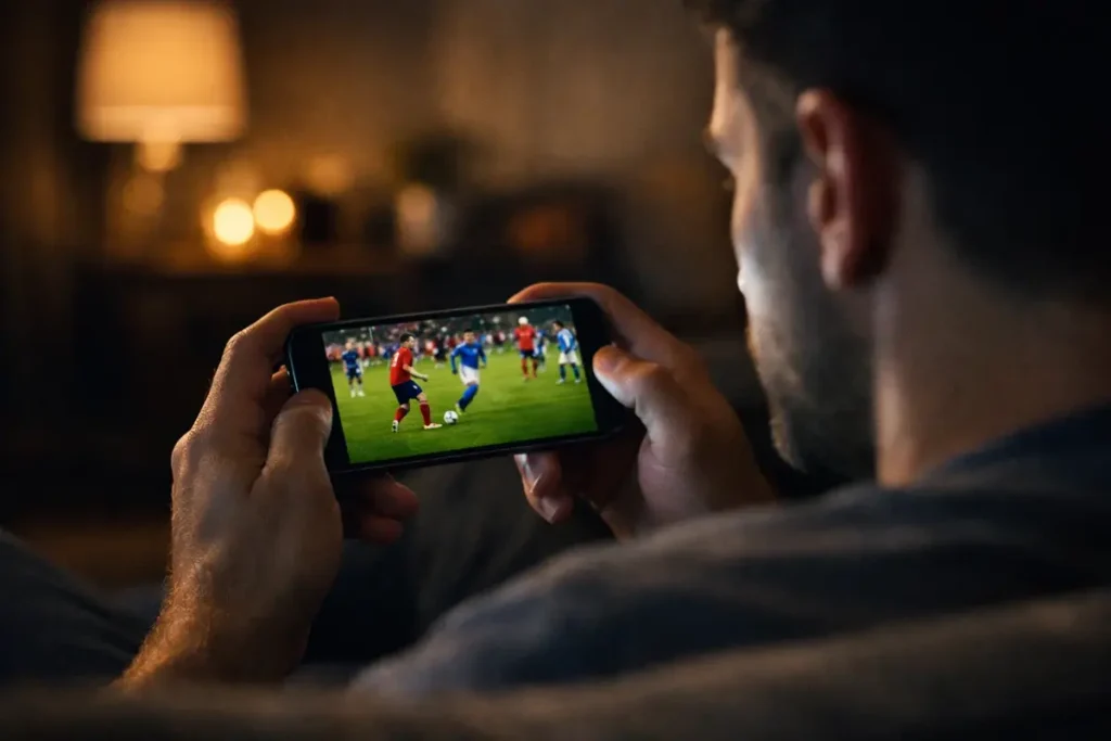 Tifoso guarda una partita di calcio in streaming su smartphone con stadio illuminato sullo sfondo