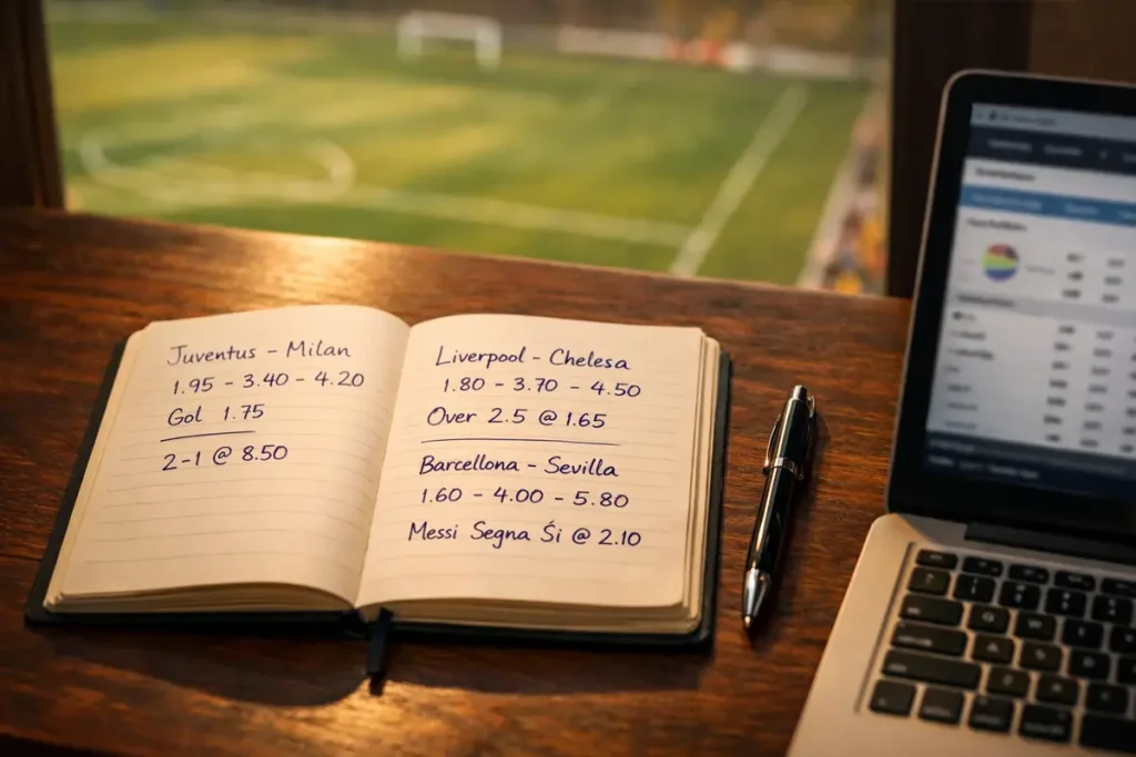 Scommettitore analizza quote di calcio su un foglio di appunti accanto a un campo da gioco